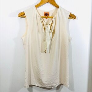 Tory Burch Women's Ivory Cream Silk Tie-Neck Sleeveless Blouse Top Sz 6/Small